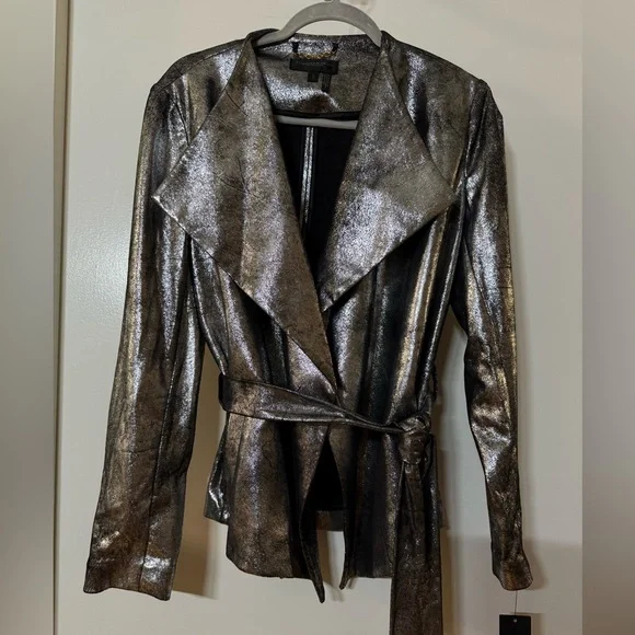 NWT Donna Karan Belted Metallic Silver Women's Flyaway Jacket - Picture 4 of 10